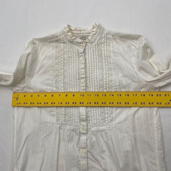 LOFT Button Down Shirt Top White Cotton Pleated Ruffle Cottagecore Womens Medium - Picture 8 of 9